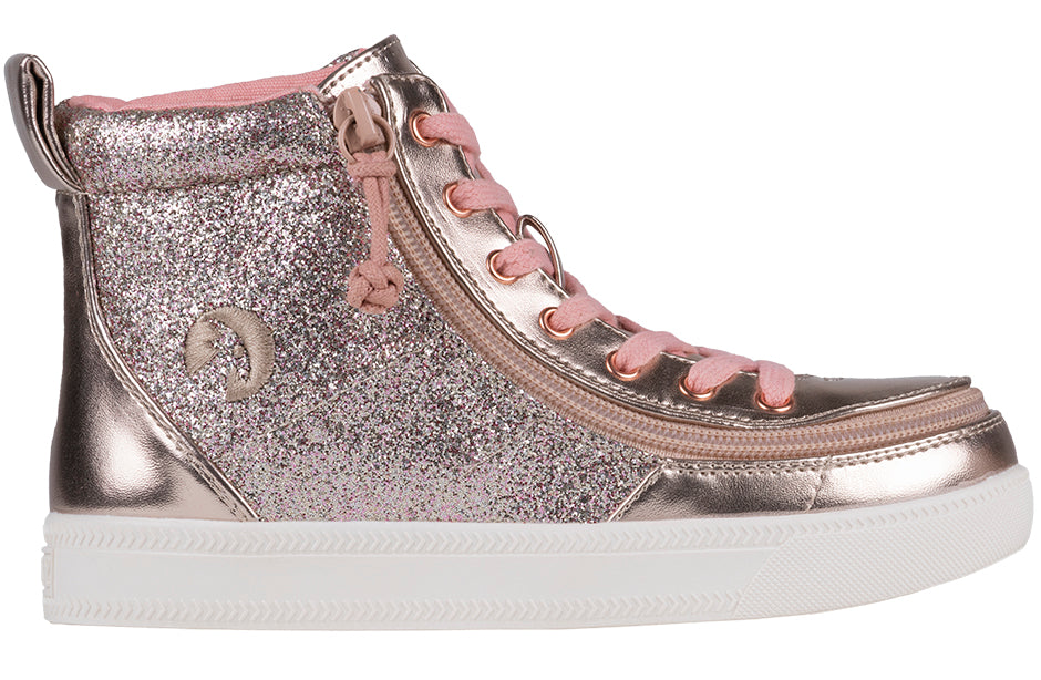 Kid's Rose Gold Unicorn BILLY Classic Lace Highs, zipper shoes, like velcro, that are adaptive, accessible, inclusive and use universal design to accommodate an afo. BILLY Footwear comes in medium and wide width, M, D and EEE, are comfortable, and come in toddler, kids, mens, and womens sizing.