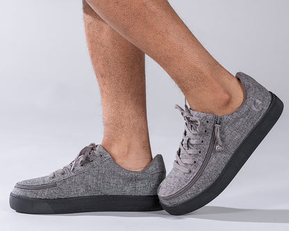 Men's Charcoal Jersey BILLY Classic Lace Lows, zipper shoes, like velcro, that are adaptive, accessible, inclusive and use universal design to accommodate an afo. Footwear is medium and wide width, M, D and EEE, are comfortable, and come in toddler, kids, mens, and womens sizing.