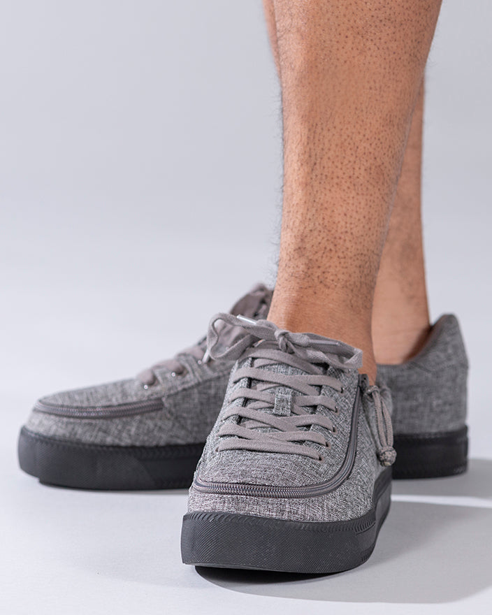 Men's Charcoal Jersey BILLY Classic Lace Lows, zipper shoes, like velcro, that are adaptive, accessible, inclusive and use universal design to accommodate an afo. Footwear is medium and wide width, M, D and EEE, are comfortable, and come in toddler, kids, mens, and womens sizing.