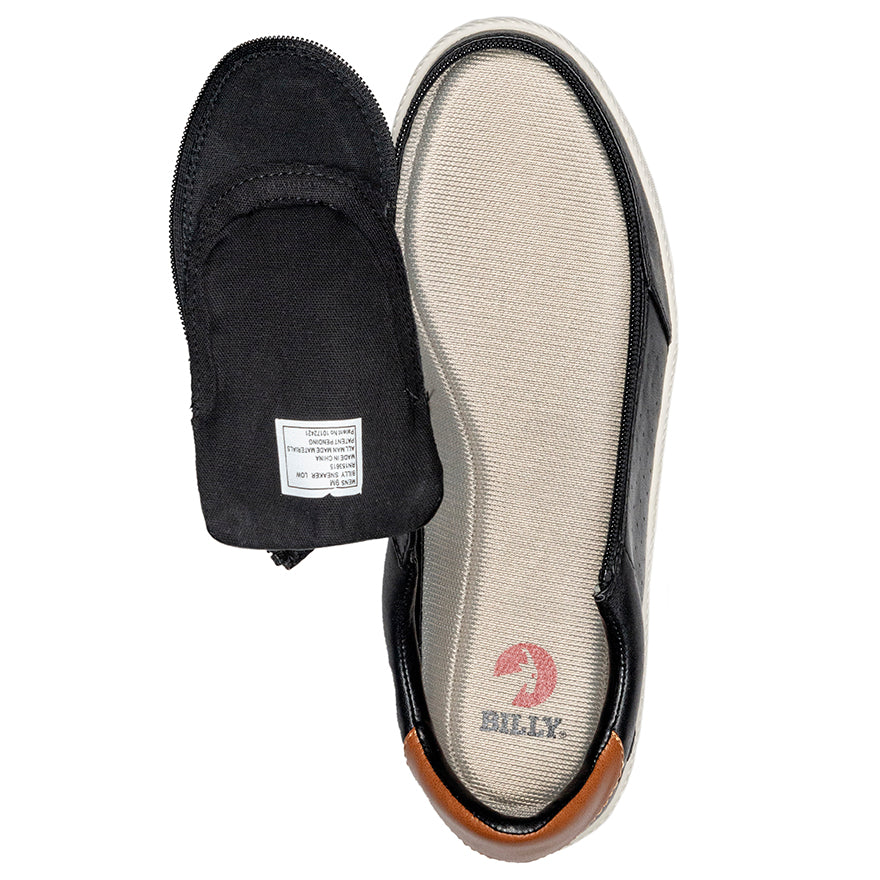 Men's Black BILLY Low Sneakers, zipper shoes, like velcro, that are adaptive, accessible, inclusive and use universal design to accommodate an afo. Footwear is medium and wide width, M, D and EEE, are comfortable, and come in toddler, kids, mens, and womens sizing.