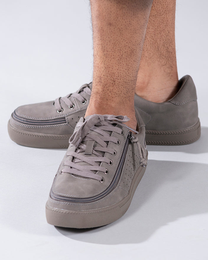Men's Charcoal to the Floor BILLY Low Sneakers, zipper shoes, like velcro, that are adaptive, accessible, inclusive and use universal design to accommodate an afo. Footwear is medium and wide width, M, D and EEE, are comfortable, and come in toddler, kids, mens, and womens sizing.
