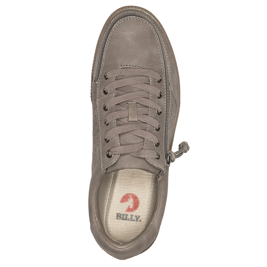 Men's Charcoal to the Floor BILLY Low Sneakers, zipper shoes, like velcro, that are adaptive, accessible, inclusive and use universal design to accommodate an afo. Footwear is medium and wide width, M, D and EEE, are comfortable, and come in toddler, kids, mens, and womens sizing.