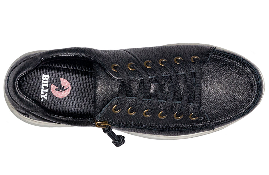 Men's Black Leather BILLY Comfort Lows, zipper shoes, like velcro, that are adaptive, accessible, inclusive and use universal design to accommodate an afo. Footwear is medium and wide width, M, D and EEE, are comfortable, and come in toddler, kids, mens, and womens sizing.