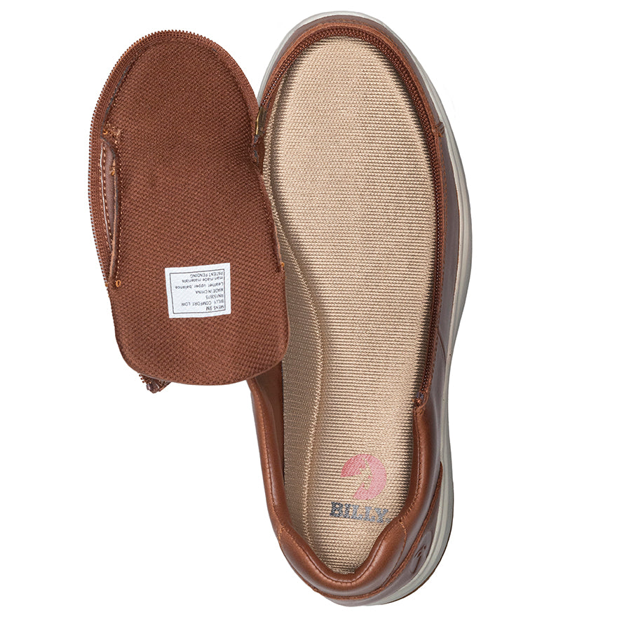 Men's Brown Leather BILLY Comfort Lows, zipper shoes, like velcro, that are adaptive, accessible, inclusive and use universal design to accommodate an afo. Footwear is medium and wide width, M, D and EEE, are comfortable, and come in toddler, kids, mens, and womens sizing.