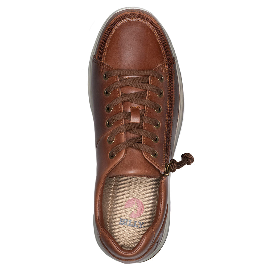 Men's Brown Leather BILLY Comfort Lows, zipper shoes, like velcro, that are adaptive, accessible, inclusive and use universal design to accommodate an afo. Footwear is medium and wide width, M, D and EEE, are comfortable, and come in toddler, kids, mens, and womens sizing.