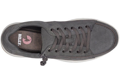 Men's Grey Suede BILLY Comfort Lows, zipper shoes, like velcro, that are adaptive, accessible, inclusive and use universal design to accommodate an afo. Footwear is medium and wide width, M, D and EEE, are comfortable, and come in toddler, kids, mens, and womens sizing.