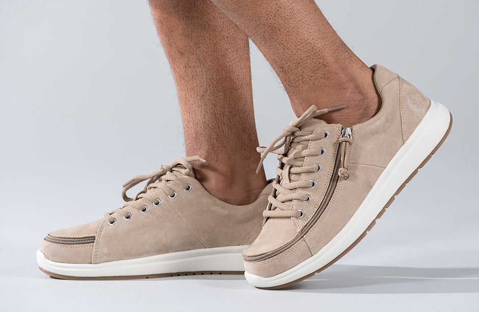 Men's Tan Suede BILLY Comfort Lows, zipper shoes, like velcro, that are adaptive, accessible, inclusive and use universal design to accommodate an afo. Footwear is medium and wide width, M, D and EEE, are comfortable, and come in toddler, kids, mens, and womens sizing.