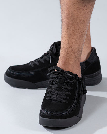 Men's Black Suede/Mesh BILLY Comfort Classic Lows, zipper shoes, like velcro, that are adaptive, accessible, inclusive and use universal design to accommodate an afo. Footwear is medium and wide width, M, D and EEE, are comfortable, and come in toddler, kids, mens, and womens sizing.