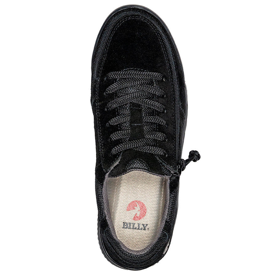 Men's Black Suede/Mesh BILLY Comfort Classic Lows, zipper shoes, like velcro, that are adaptive, accessible, inclusive and use universal design to accommodate an afo. Footwear is medium and wide width, M, D and EEE, are comfortable, and come in toddler, kids, mens, and womens sizing.