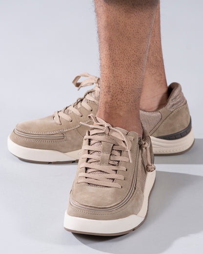 Men's Tan Suede/Mesh BILLY Comfort Classic Lows, zipper shoes, like velcro, that are adaptive, accessible, inclusive and use universal design to accommodate an afo. Footwear is medium and wide width, M, D and EEE, are comfortable, and come in toddler, kids, mens, and womens sizing.