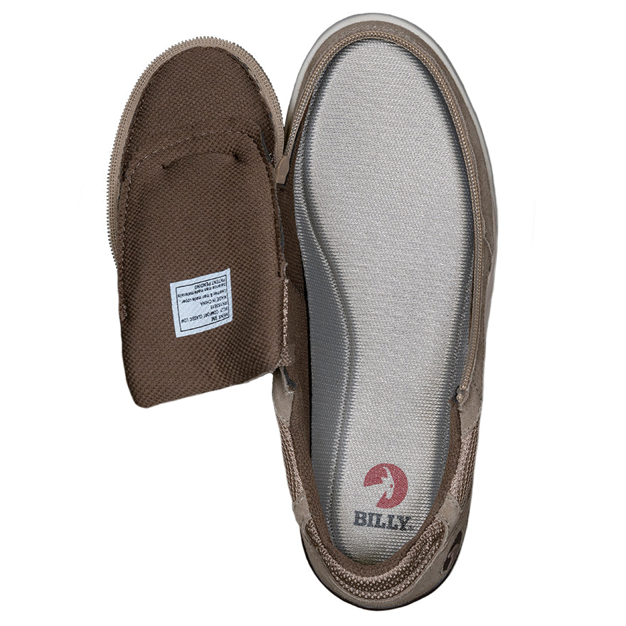 Men's Tan Suede/Mesh BILLY Comfort Classic Lows, zipper shoes, like velcro, that are adaptive, accessible, inclusive and use universal design to accommodate an afo. Footwear is medium and wide width, M, D and EEE, are comfortable, and come in toddler, kids, mens, and womens sizing.