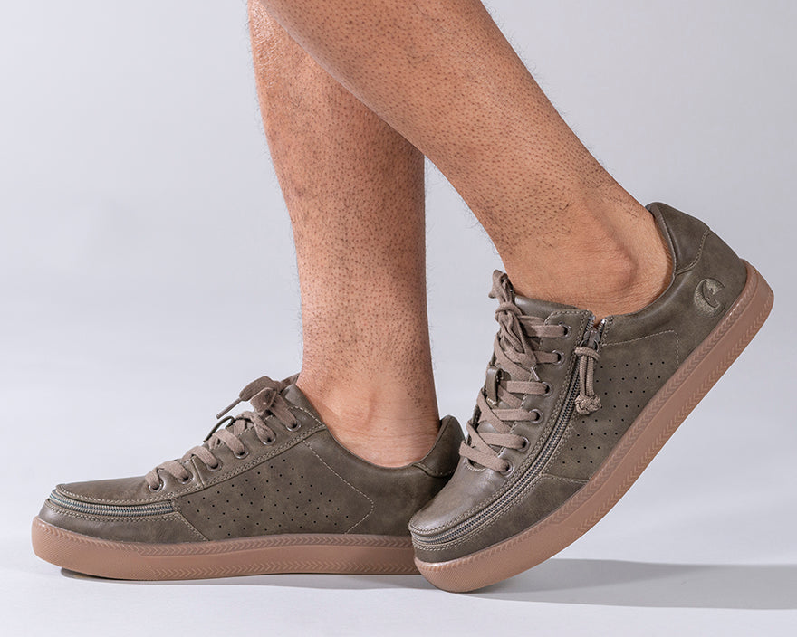 Men's Olive BILLY Sneaker Lows, zipper shoes, like velcro, that are adaptive, accessible, inclusive and use universal design to accommodate an afo. Footwear is medium and wide width, M, D and EEE, are comfortable, and come in toddler, kids, mens, and womens sizing.