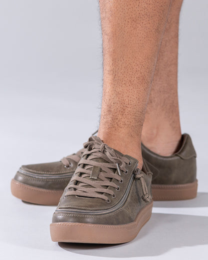 Men's Olive BILLY Sneaker Lows, zipper shoes, like velcro, that are adaptive, accessible, inclusive and use universal design to accommodate an afo. Footwear is medium and wide width, M, D and EEE, are comfortable, and come in toddler, kids, mens, and womens sizing.