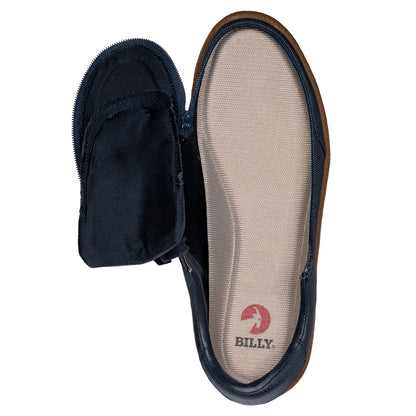 Men's Navy BILLY Sneaker Lows, zipper shoes, like velcro, that are adaptive, accessible, inclusive and use universal design to accommodate an afo. Footwear is medium and wide width, M, D and EEE, are comfortable, and come in toddler, kids, mens, and womens sizing.