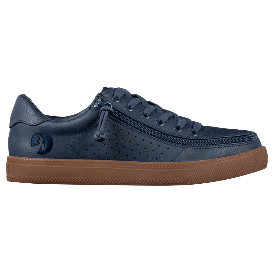 Men's Navy BILLY Sneaker Lows, zipper shoes, like velcro, that are adaptive, accessible, inclusive and use universal design to accommodate an afo. Footwear is medium and wide width, M, D and EEE, are comfortable, and come in toddler, kids, mens, and womens sizing.