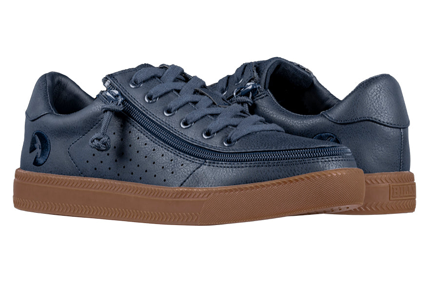 Men's Navy BILLY Sneaker Lows, zipper shoes, like velcro, that are adaptive, accessible, inclusive and use universal design to accommodate an afo. Footwear is medium and wide width, M, D and EEE, are comfortable, and come in toddler, kids, mens, and womens sizing.