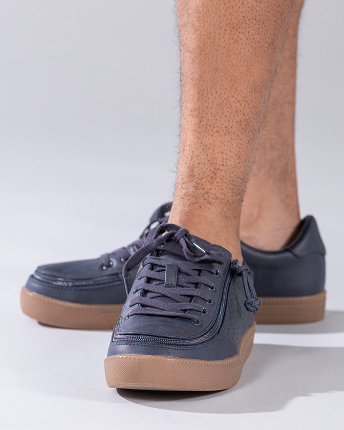 Men's Navy BILLY Sneaker Lows, zipper shoes, like velcro, that are adaptive, accessible, inclusive and use universal design to accommodate an afo. Footwear is medium and wide width, M, D and EEE, are comfortable, and come in toddler, kids, mens, and womens sizing.