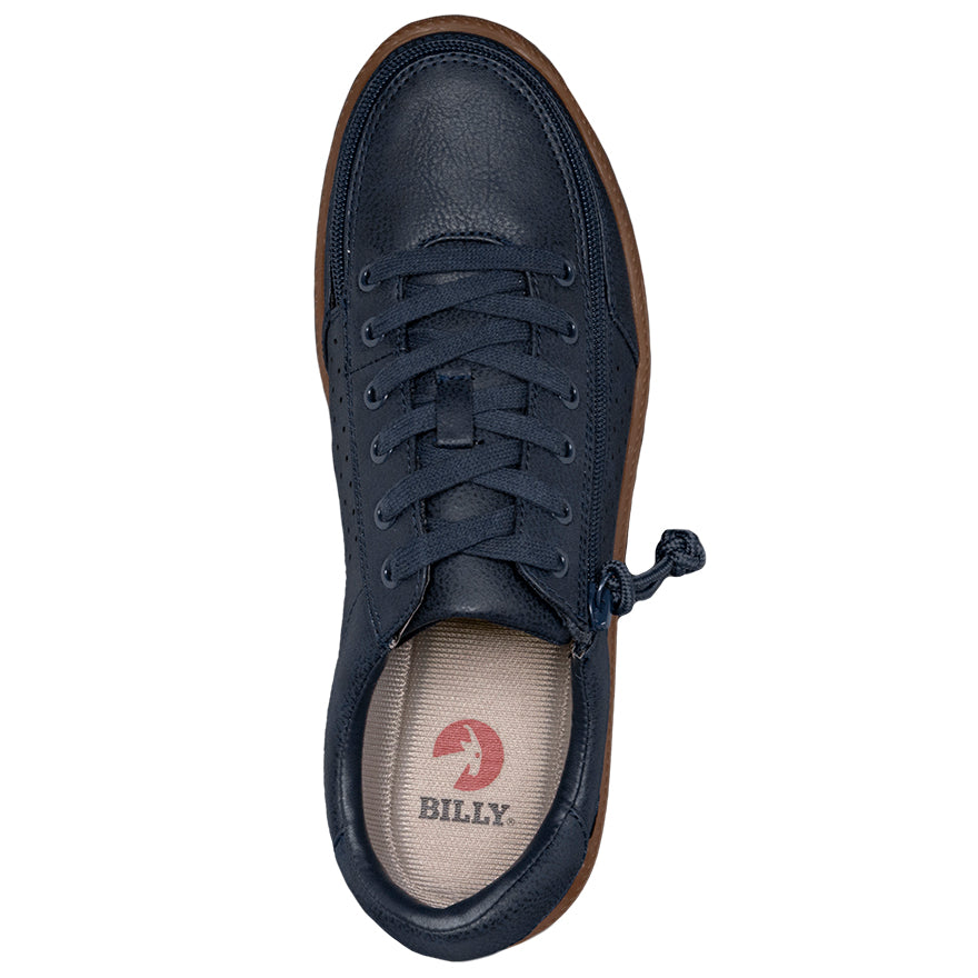 Men's Navy BILLY Sneaker Lows, zipper shoes, like velcro, that are adaptive, accessible, inclusive and use universal design to accommodate an afo. Footwear is medium and wide width, M, D and EEE, are comfortable, and come in toddler, kids, mens, and womens sizing.