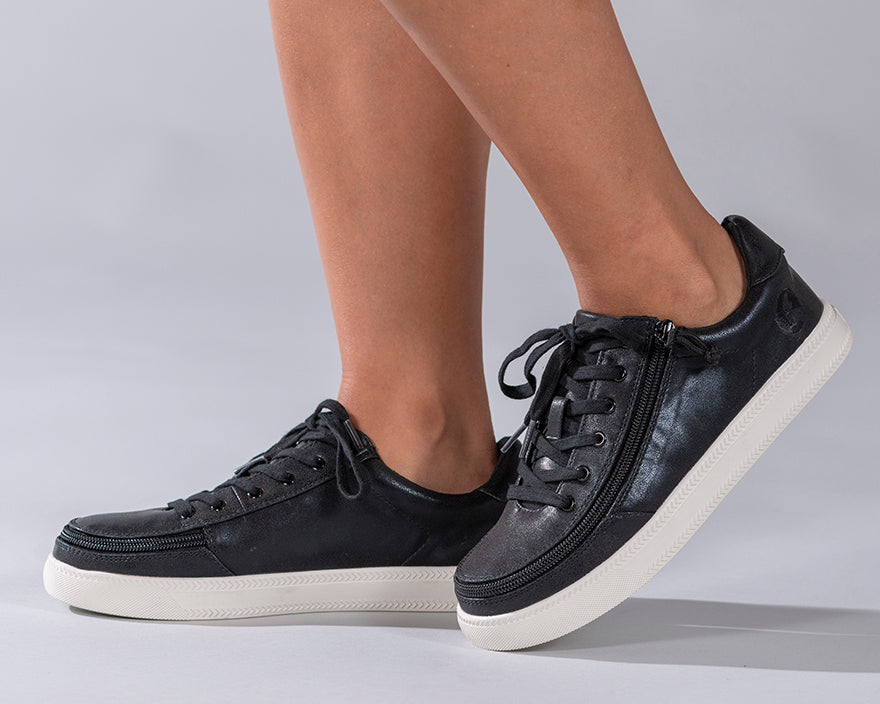 Women's Black Shine BILLY Classic Lace Lows, zipper shoes, like velcro, that are adaptive, accessible, inclusive and use universal design to accommodate an afo. Footwear is medium and wide width, M, D and EEE, are comfortable, and come in toddler, kids, mens, and womens sizing.