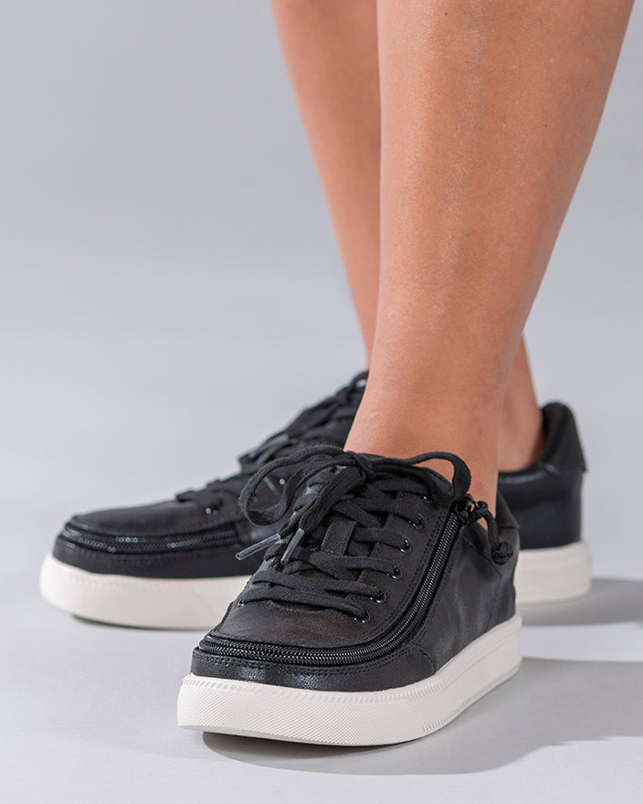 Women's Black Shine BILLY Classic Lace Lows, zipper shoes, like velcro, that are adaptive, accessible, inclusive and use universal design to accommodate an afo. Footwear is medium and wide width, M, D and EEE, are comfortable, and come in toddler, kids, mens, and womens sizing.