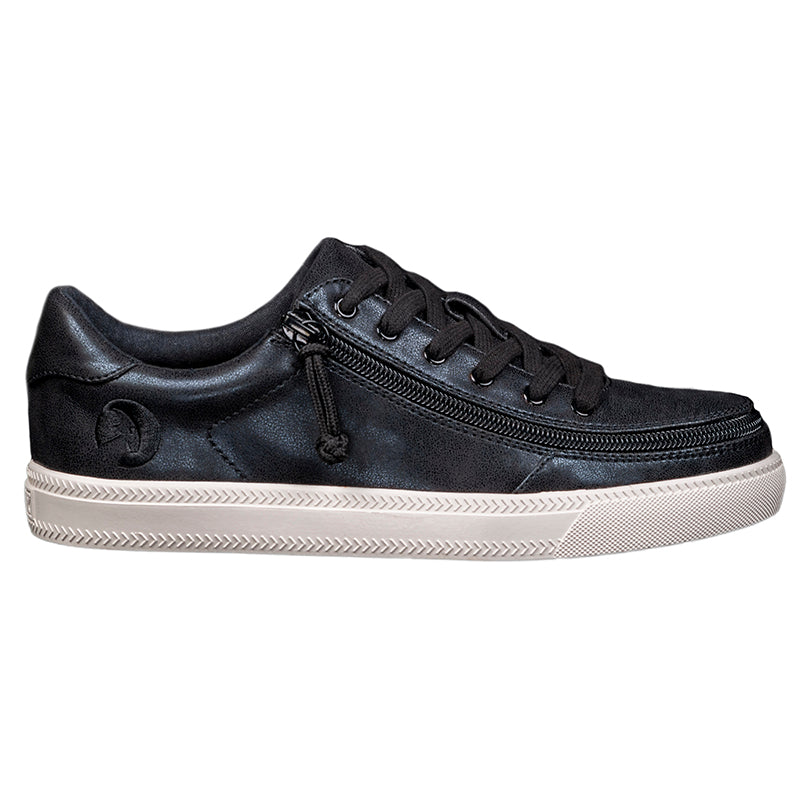 Women's Black Shine BILLY Classic Lace Lows, zipper shoes, like velcro, that are adaptive, accessible, inclusive and use universal design to accommodate an afo. Footwear is medium and wide width, M, D and EEE, are comfortable, and come in toddler, kids, mens, and womens sizing.