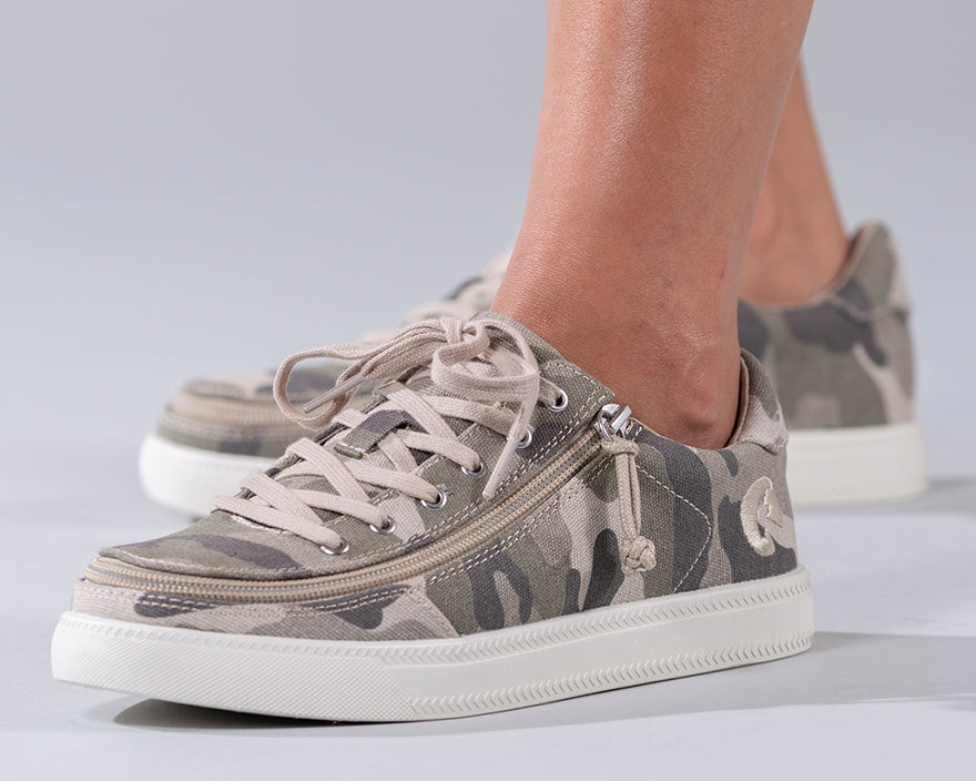 Women's Natural Camo BILLY Classic Lace Lows, zipper shoes, like velcro, that are adaptive, accessible, inclusive and use universal design to accommodate an afo. Footwear is medium and wide width, M, D and EEE, are comfortable, and come in toddler, kids, mens, and womens sizing.