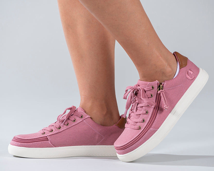 Women's Dusty Rose (Brown Mustache) BILLY Classic Lace Lows, zipper shoes, like velcro, that are adaptive, accessible, inclusive and use universal design to accommodate an afo. Footwear is medium and wide width, M, D and EEE, are comfortable, and come in toddler, kids, mens, and womens sizing.