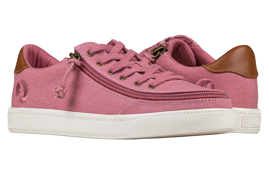 Women's Dusty Rose (Brown Mustache) BILLY Classic Lace Lows, zipper shoes, like velcro, that are adaptive, accessible, inclusive and use universal design to accommodate an afo. Footwear is medium and wide width, M, D and EEE, are comfortable, and come in toddler, kids, mens, and womens sizing.