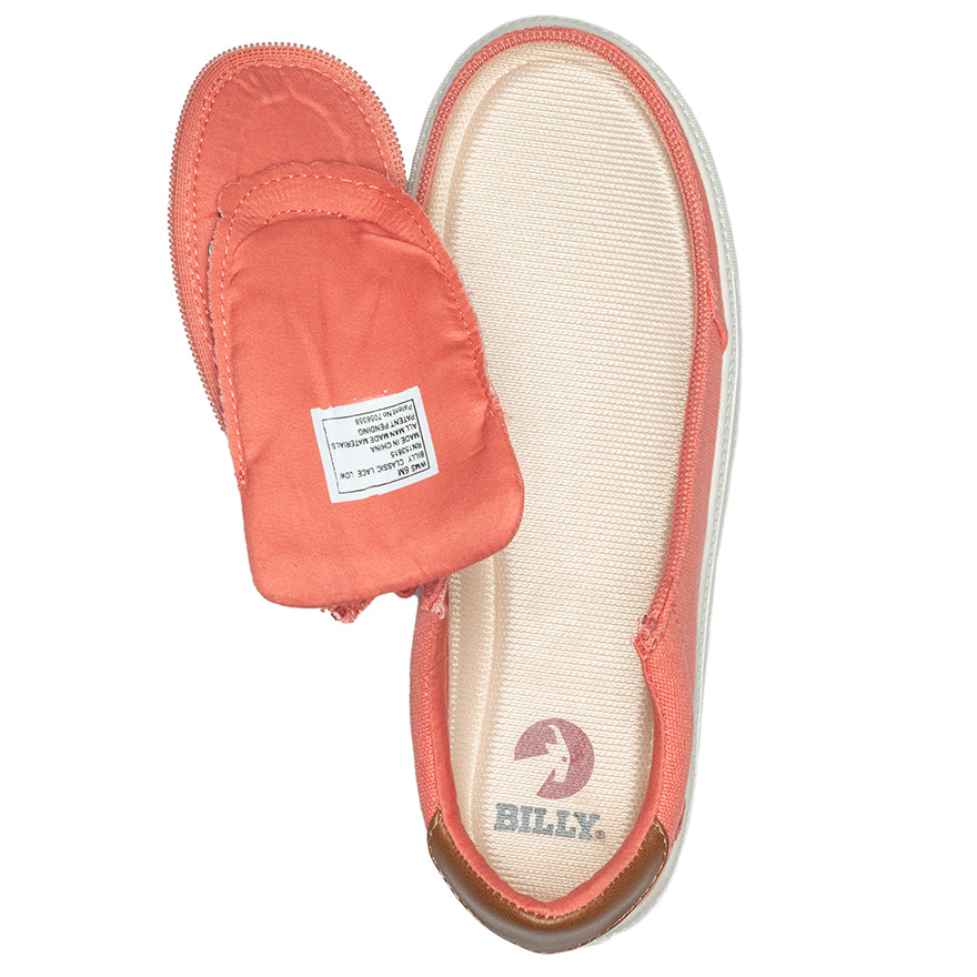 Women's Coral (Brown Mustache) BILLY Classic Lace Lows, zipper shoes, like velcro, that are adaptive, accessible, inclusive and use universal design to accommodate an afo. Footwear is medium and wide width, M, D and EEE, are comfortable, and come in toddler, kids, mens, and womens sizing.