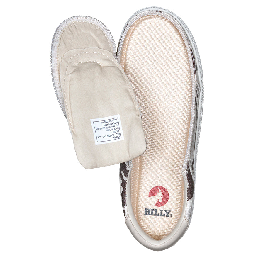 Women's Snake BILLY Classic Lace Lows, zipper shoes, like velcro, that are adaptive, accessible, inclusive and use universal design to accommodate an afo. Footwear is medium and wide width, M, D and EEE, are comfortable, and come in toddler, kids, mens, and womens sizing.