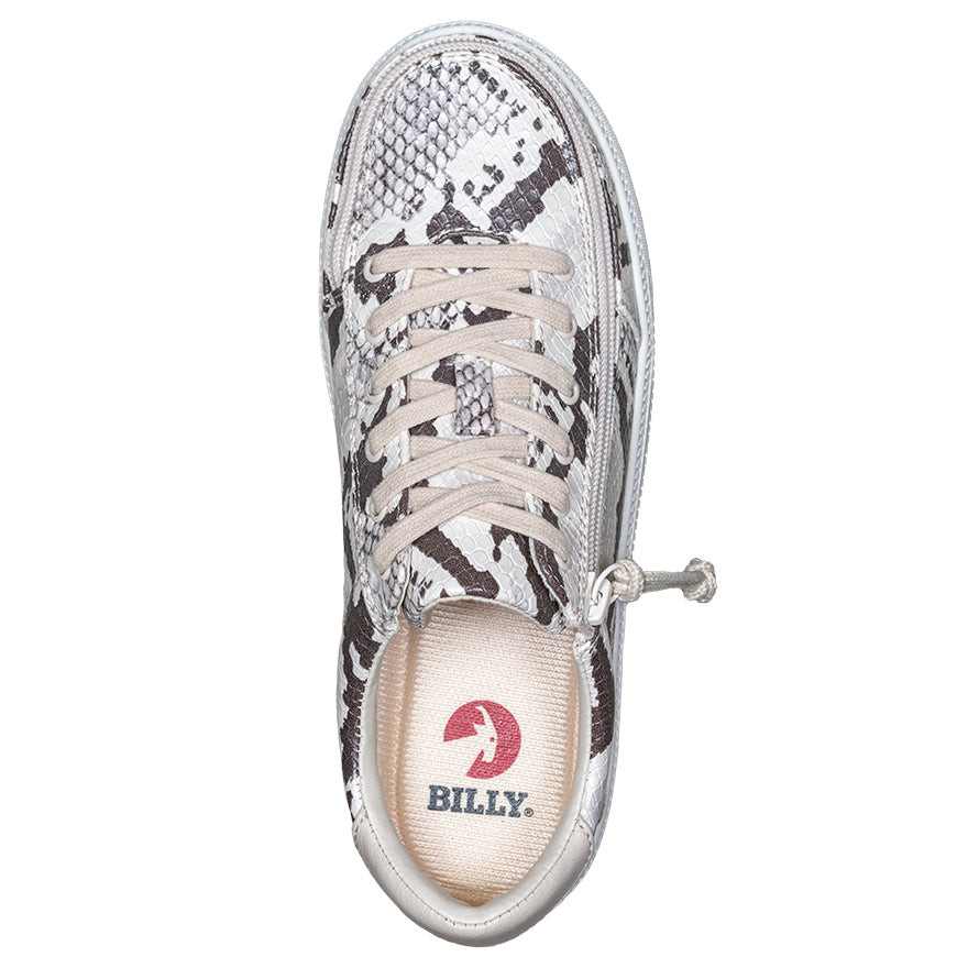 Women's Snake BILLY Classic Lace Lows, zipper shoes, like velcro, that are adaptive, accessible, inclusive and use universal design to accommodate an afo. Footwear is medium and wide width, M, D and EEE, are comfortable, and come in toddler, kids, mens, and womens sizing.