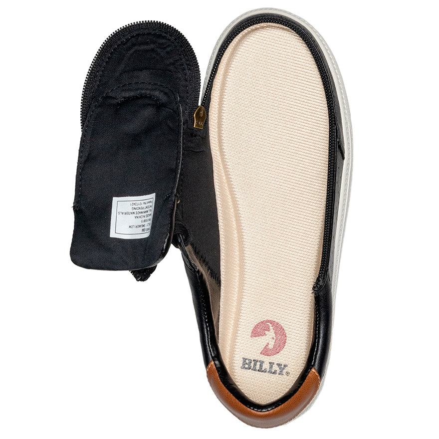 Women's Black (Brown Mustache) BILLY Low Sneakers, zipper shoes, like velcro, that are adaptive, accessible, inclusive and use universal design to accommodate an afo. Footwear is medium and wide width, M, D and EEE, are comfortable, and come in toddler, kids, mens, and womens sizing.