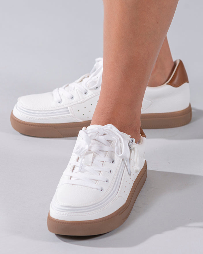 Women's White (Brown Mustache) BILLY Low Sneakers, zipper shoes, like velcro, that are adaptive, accessible, inclusive and use universal design to accommodate an afo. Footwear is medium and wide width, M, D and EEE, are comfortable, and come in toddler, kids, mens, and womens sizing.