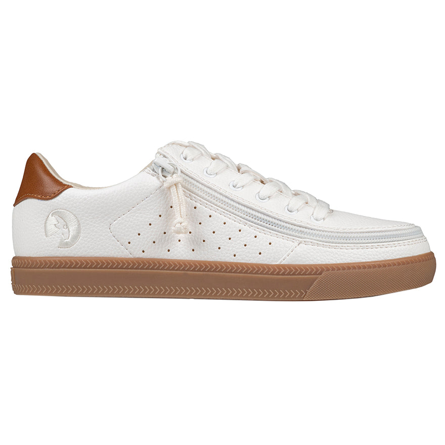 Women's White (Brown Mustache) BILLY Low Sneakers, zipper shoes, like velcro, that are adaptive, accessible, inclusive and use universal design to accommodate an afo. Footwear is medium and wide width, M, D and EEE, are comfortable, and come in toddler, kids, mens, and womens sizing.