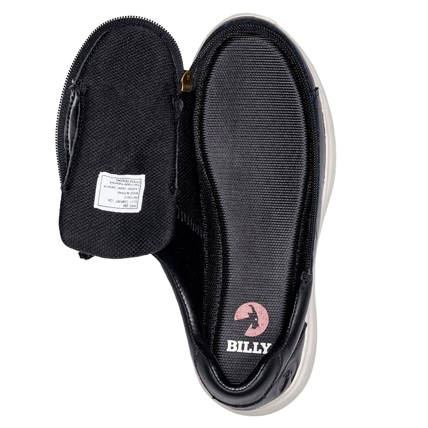 Women's Black Leather BILLY Comfort Lows, zipper shoes, like velcro, that are adaptive, accessible, inclusive and use universal design to accommodate an afo. Footwear is medium and wide width, M, D and EEE, are comfortable, and come in toddler, kids, mens, and womens sizing.