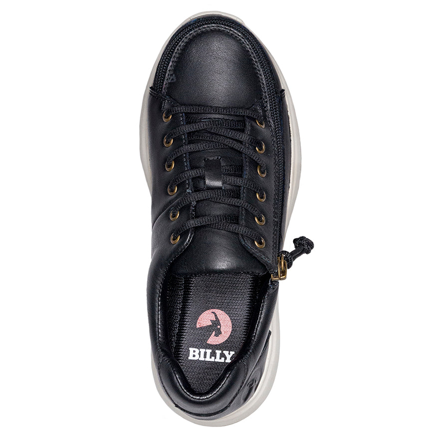 Women's Black Leather BILLY Comfort Lows, zipper shoes, like velcro, that are adaptive, accessible, inclusive and use universal design to accommodate an afo. Footwear is medium and wide width, M, D and EEE, are comfortable, and come in toddler, kids, mens, and womens sizing.