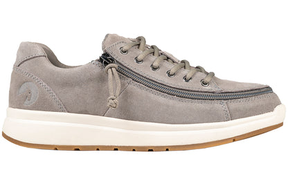 Women's Grey Suede BILLY Comfort Lows, zipper shoes, like velcro, that are adaptive, accessible, inclusive and use universal design to accommodate an afo. Footwear is medium and wide width, M, D and EEE, are comfortable, and come in toddler, kids, mens, and womens sizing.