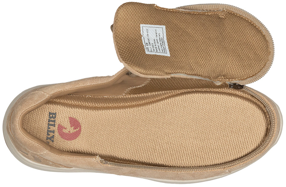 Women's Tan Suede BILLY Comfort Lows, zipper shoes, like velcro, that are adaptive, accessible, inclusive and use universal design to accommodate an afo. Footwear is medium and wide width, M, D and EEE, are comfortable, and come in toddler, kids, mens, and womens sizing.