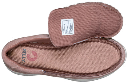 Women's Blush Suede BILLY Comfort Lows, zipper shoes, like velcro, that are adaptive, accessible, inclusive and use universal design to accommodate an afo. Footwear is medium and wide width, M, D and EEE, are comfortable, and come in toddler, kids, mens, and womens sizing.