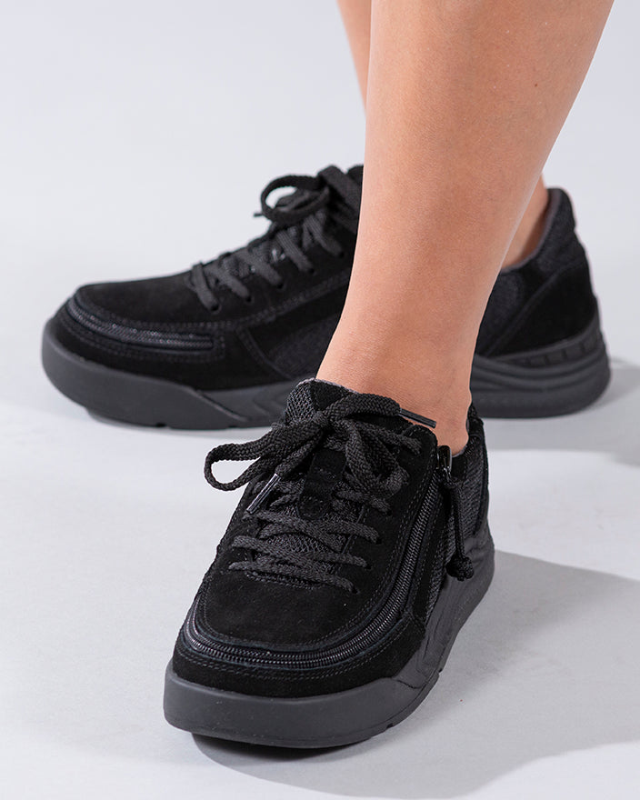 Women's Black Suede/Mesh BILLY Comfort Classic Lows, zipper shoes, like velcro, that are adaptive, accessible, inclusive and use universal design to accommodate an afo. Footwear is medium and wide width, M, D and EEE, are comfortable, and come in toddler, kids, mens, and womens sizing.