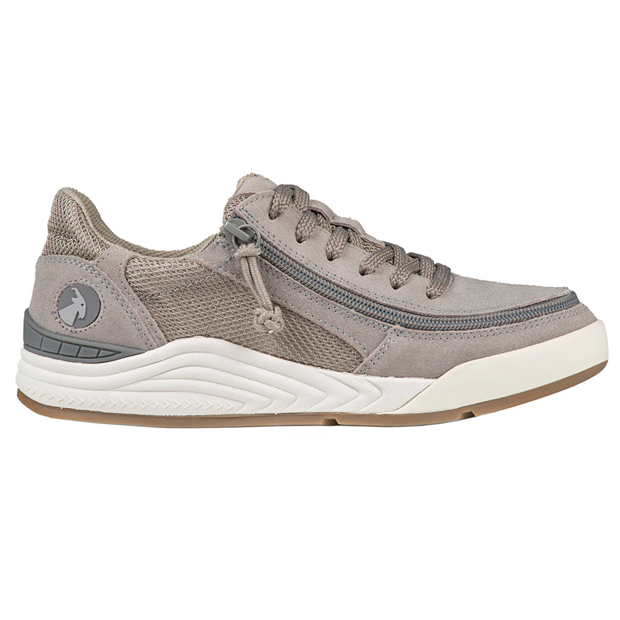 Women's Charcoal Suede/Mesh BILLY Comfort Classic Lows, zipper shoes, like velcro, that are adaptive, accessible, inclusive and use universal design to accommodate an afo. Footwear is medium and wide width, M, D and EEE, are comfortable, and come in toddler, kids, mens, and womens sizing.