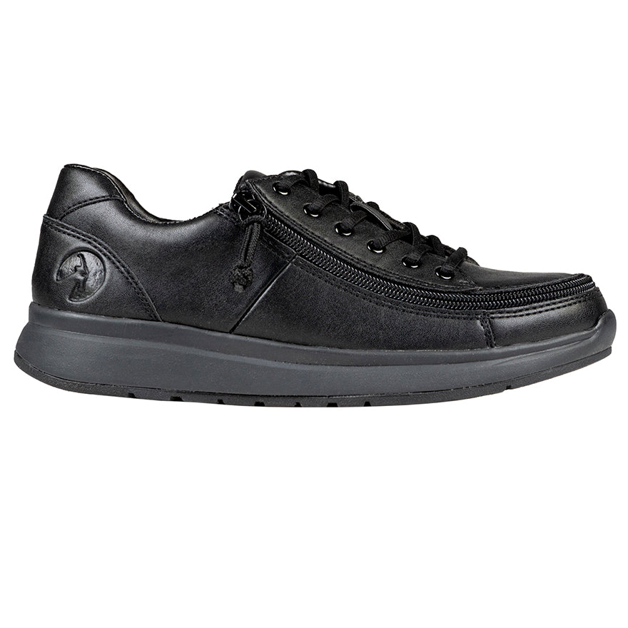 Women's Black to the Floor BILLY Work Comfort Lows, zipper shoes, like velcro, that are adaptive, accessible, inclusive and use universal design to accommodate an afo. Footwear is medium and wide width, M, D and EEE, are comfortable, and come in toddler, kids, mens, and womens sizing.