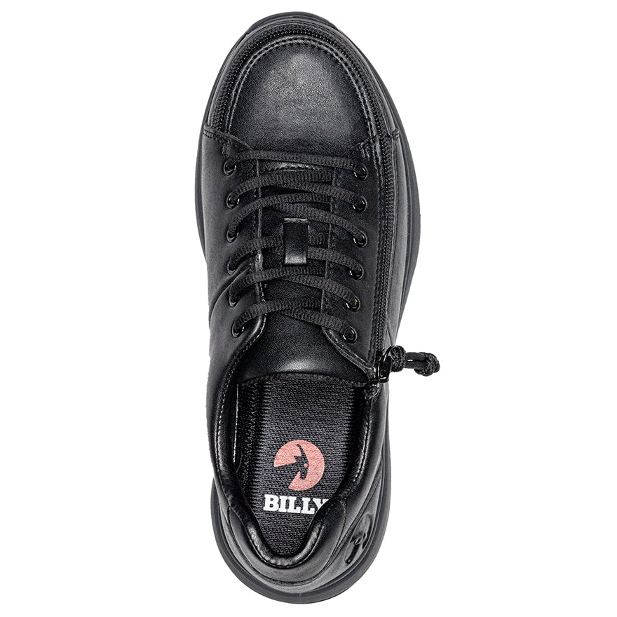 Women's Black to the Floor BILLY Work Comfort Lows, zipper shoes, like velcro, that are adaptive, accessible, inclusive and use universal design to accommodate an afo. Footwear is medium and wide width, M, D and EEE, are comfortable, and come in toddler, kids, mens, and womens sizing.