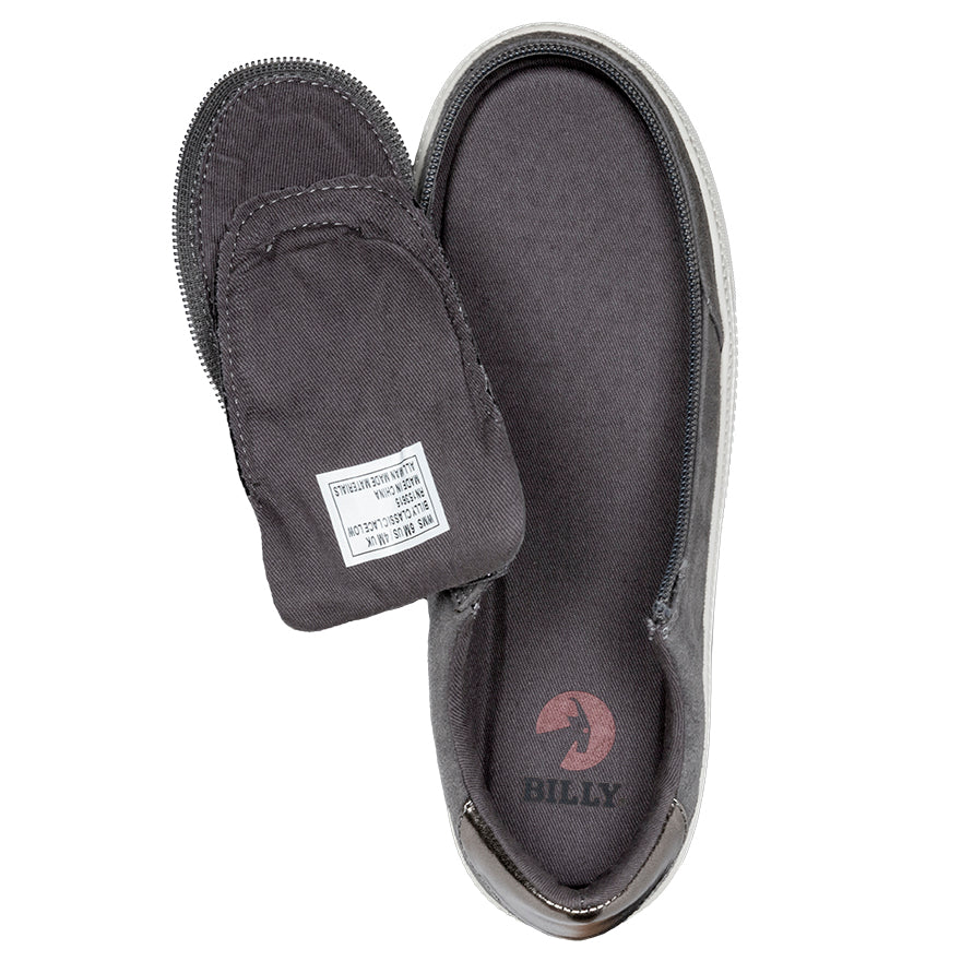 Women's Charcoal BILLY Classic Lace Lows, zipper shoes, like velcro, that are adaptive, accessible, inclusive and use universal design to accommodate an afo. Footwear is medium and wide width, M, D and EEE, are comfortable, and come in toddler, kids, mens, and womens sizing.