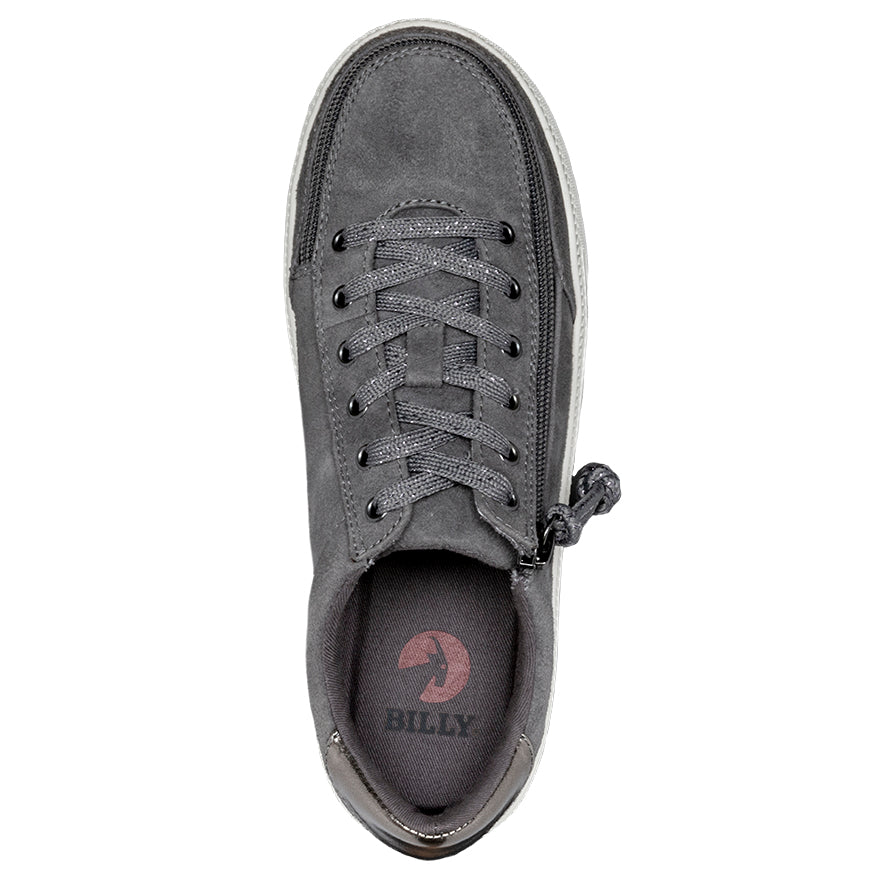 Women's Charcoal BILLY Classic Lace Lows, zipper shoes, like velcro, that are adaptive, accessible, inclusive and use universal design to accommodate an afo. Footwear is medium and wide width, M, D and EEE, are comfortable, and come in toddler, kids, mens, and womens sizing.