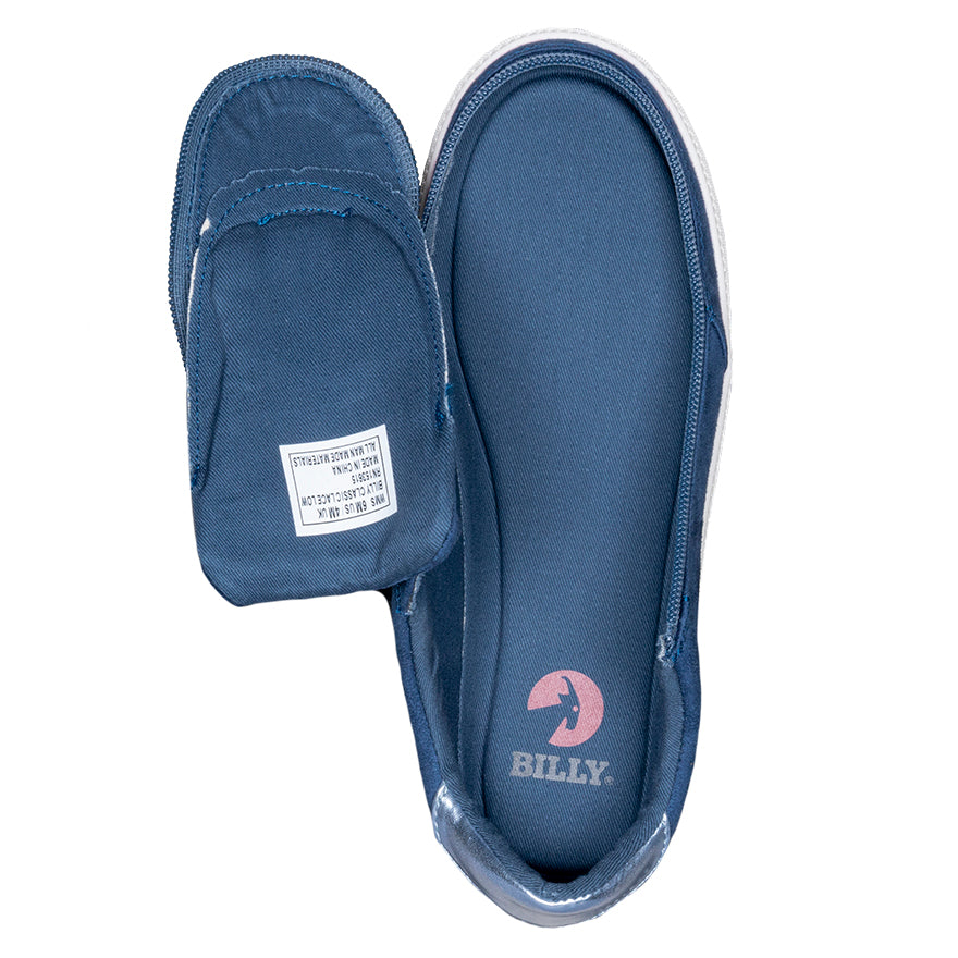 Women's Steel Blue BILLY Classic Lace Lows, zipper shoes, like velcro, that are adaptive, accessible, inclusive and use universal design to accommodate an afo. Footwear is medium and wide width, M, D and EEE, are comfortable, and come in toddler, kids, mens, and womens sizing.