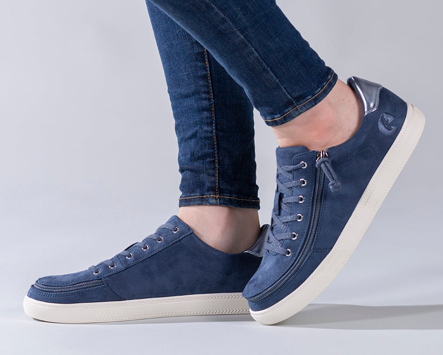 Women's Steel Blue BILLY Classic Lace Lows, zipper shoes, like velcro, that are adaptive, accessible, inclusive and use universal design to accommodate an afo. Footwear is medium and wide width, M, D and EEE, are comfortable, and come in toddler, kids, mens, and womens sizing.