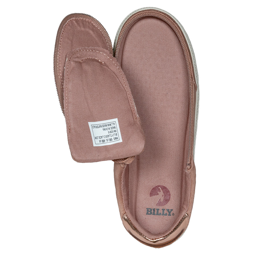 Women's Blush BILLY Classic Lace Lows, zipper shoes, like velcro, that are adaptive, accessible, inclusive and use universal design to accommodate an afo. Footwear is medium and wide width, M, D and EEE, are comfortable, and come in toddler, kids, mens, and womens sizing.
