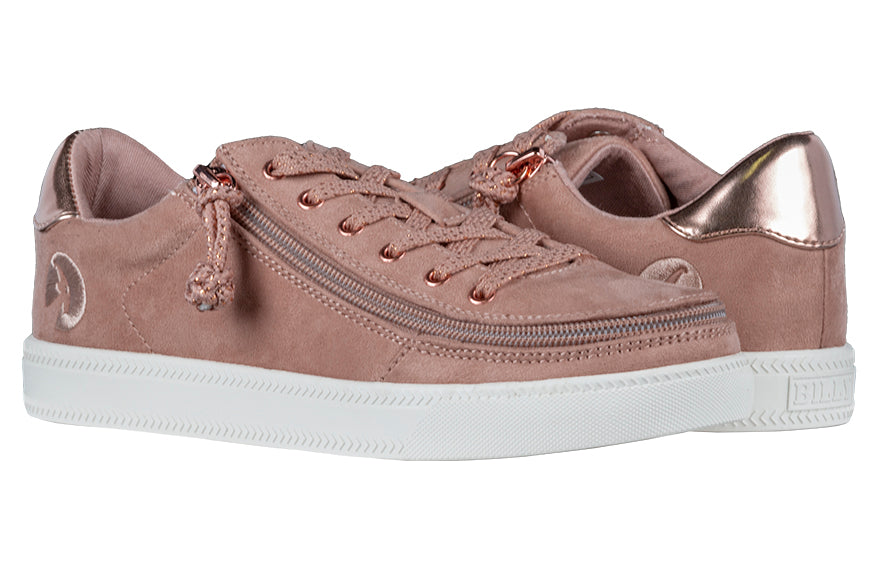 Women's Blush BILLY Classic Lace Lows, zipper shoes, like velcro, that are adaptive, accessible, inclusive and use universal design to accommodate an afo. Footwear is medium and wide width, M, D and EEE, are comfortable, and come in toddler, kids, mens, and womens sizing.