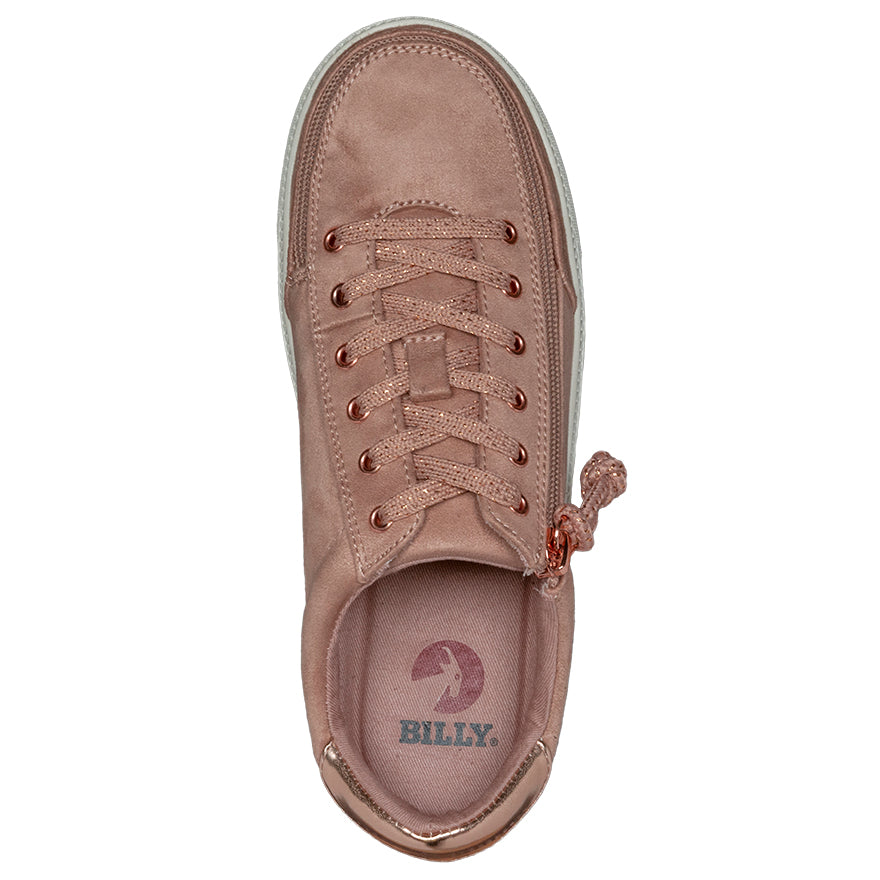 Women's Blush BILLY Classic Lace Lows, zipper shoes, like velcro, that are adaptive, accessible, inclusive and use universal design to accommodate an afo. Footwear is medium and wide width, M, D and EEE, are comfortable, and come in toddler, kids, mens, and womens sizing.